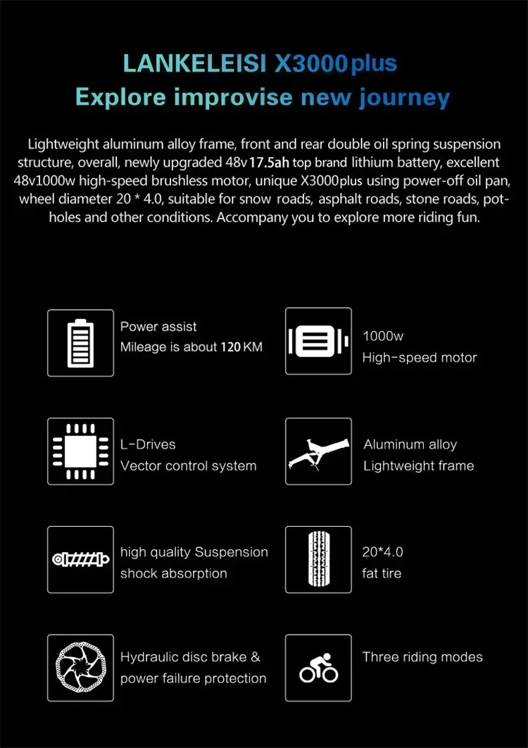 Electric Bike 1000W motor 48V17.5AH battery 7-speed city auxiliary Electric Bike 20*4.0 tire mountain off-road Electric Bike - Image 11