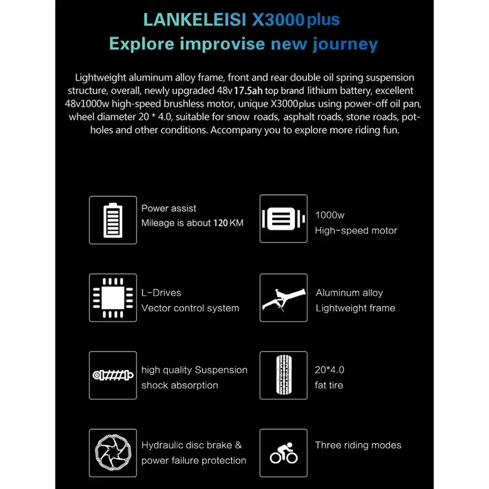 Electric Bike 1000W motor 48V17.5AH battery 7-speed city auxiliary Electric Bike 20*4.0 tire mountain off-road Electric Bike - Image 2